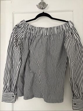 MaxMara Black and White Striped Off-Shoulder Blouse